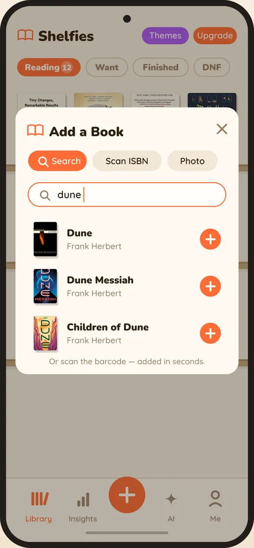 The Shelfies add-book screen, showing barcode scan, title search and voice entry