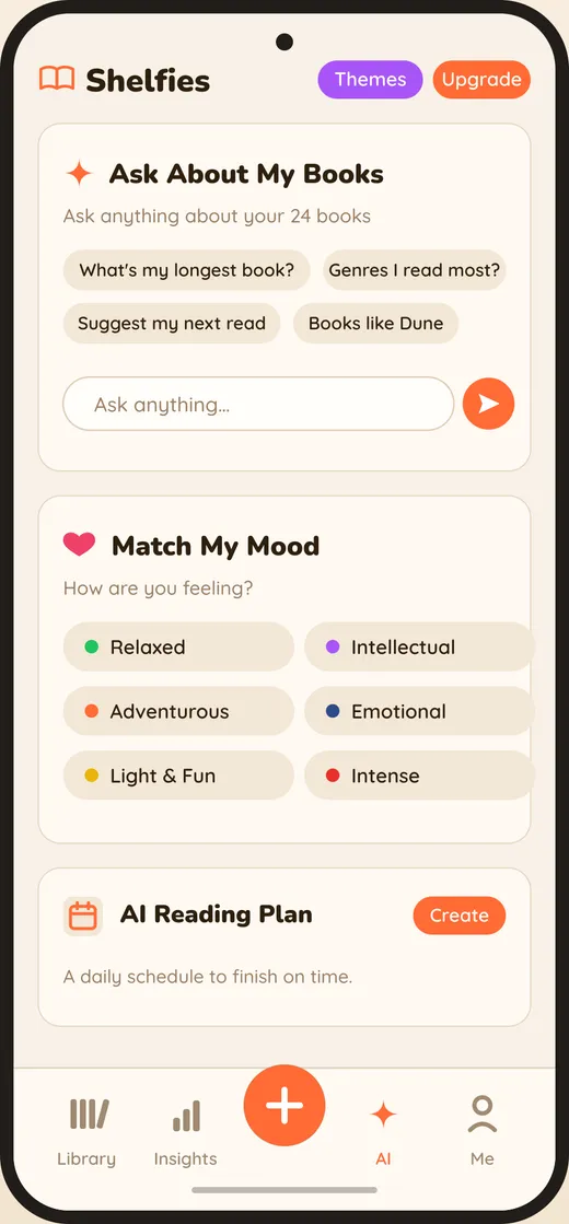 The Shelfies AI screen with Ask About My Books, Match My Mood and AI Reading Plan