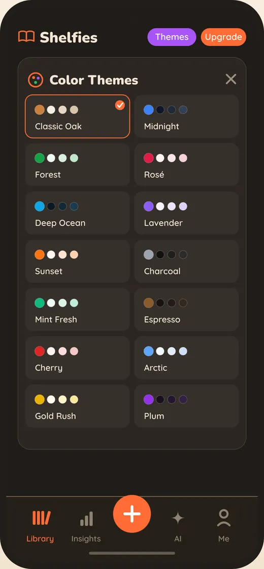 The Shelfies theme picker, showing several shelf styles
